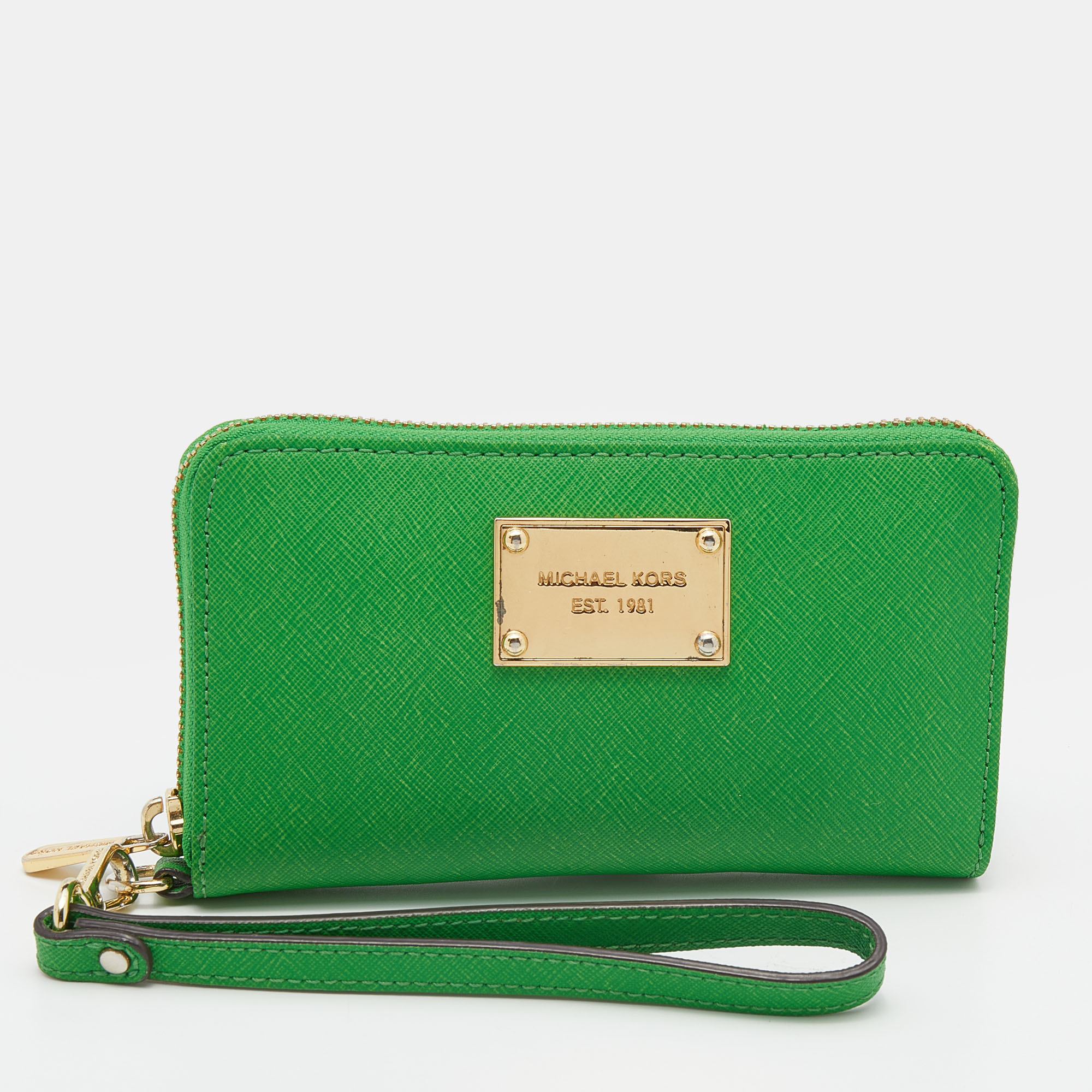 Michael Kors Green Leather Jet Set Zip Around Wristlet Wallet